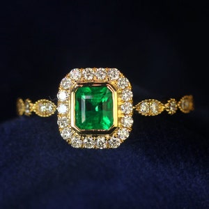 Lab Grown Emerald Engagement Ring Art Deco Emerald Wedding Ring Vintage Moissanite Halo Emerald Promise Ring Edwardian Style14K Anniversary.