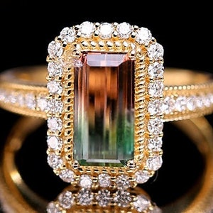 Watermelon Quartz Engagement Ring Rinbow Rectangle Quartz Wedding Ring Multi Color Stone Proposal Ring Art Deco Quartz Cz Halo Gifted Ring. image 1