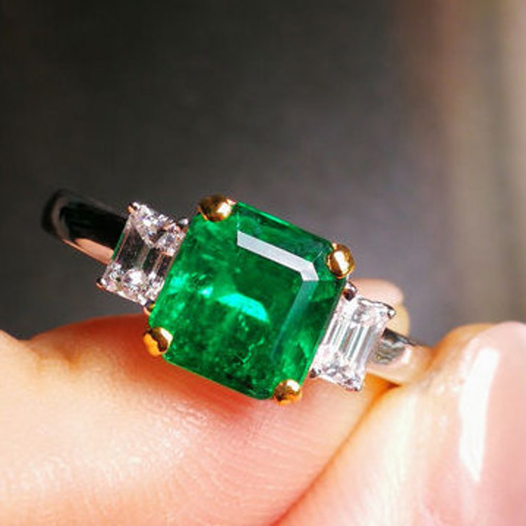Art Deco Emerald Trilogy Engagement Ring 14K Two Tone Emerald - Etsy
