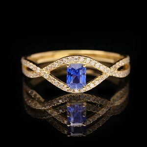 Emerald Cut Tanzanite Bridal Wedding Ring Tanzanite Diamond Highway Engagement Ring Women Dainty Kiss-Cross Diamond Eternity 14K Anniversary