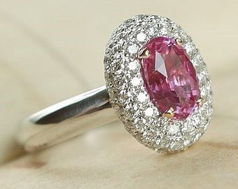 Pink Sapphire Halo Engagement Ring 925 Silver Oval Sapphire, Moissanite Valentine Gifted Ring, Women Dainty Sapphire Wedding Proposal Ring.