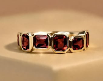 Zig-Zag Style Scattered Garnet Band, Bezel Garnet Octagon Anniversary Band, Handmade Garnet Women Gifted Band, January Birthstone Eternity.