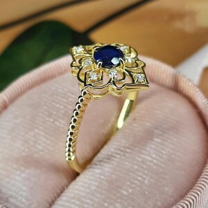 Anello di fidanzamento antico in zaffiro blu con diamanti in stile Art Déco, anello di fidanzamento da sposa in zaffiro 14K, regalo per donna.
