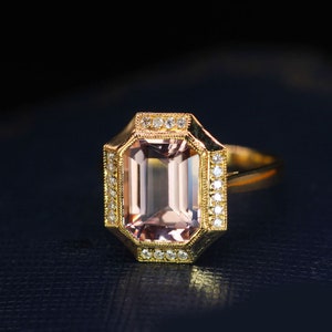 4.50Ct Morganite Cocktail Wedding Ring Art Deco Emerald Cut Engagement Ring 14K Gold Vintage Morganite Anniversary Ring Bold Morganite Ring.