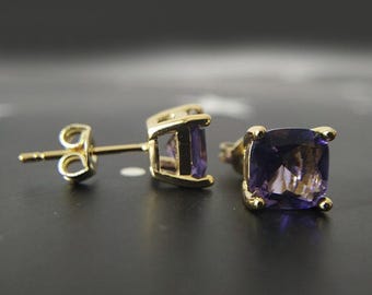 Tanzanite Cushion Stud Earrings 14K Gold Women Dainty AA Tanzanite Solitaire Earrings, Claw Set Tanzanite Daily Worn Women Gifted Earrings.