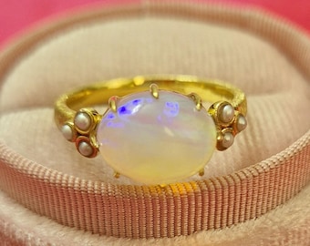 Art Deco Opal Antique Ring, Handmade Opal Anniversary Ring, Pointed Prongs Opal Vintage Ring, Vintage Opal Cabochon, Estate Opal Gifted Ring