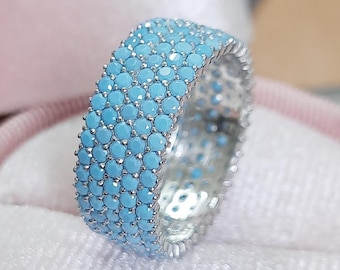 Natural Turquoise Pave Band 925 Silver Party Wear Turquoise Eternity Band, Women Anniversary Gifted Turquoise Stacking Bold Handmade Band.