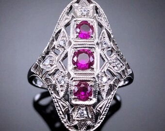 Lab Grown Ruby, Moissanite Art Deco Cocktail Ring 925 Silver Ruby Vintage Filigree Engagement Ring Women Dainty Ruby Estate Anniversary Ring