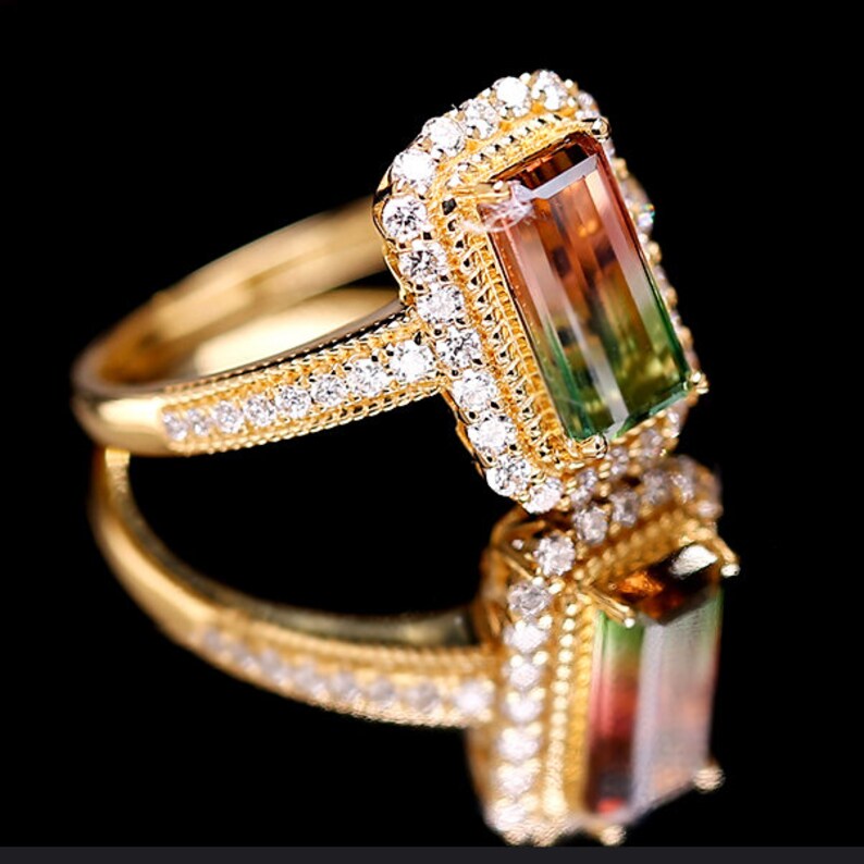 Watermelon Quartz Engagement Ring Rinbow Rectangle Quartz Wedding Ring Multi Color Stone Proposal Ring Art Deco Quartz Cz Halo Gifted Ring. image 3