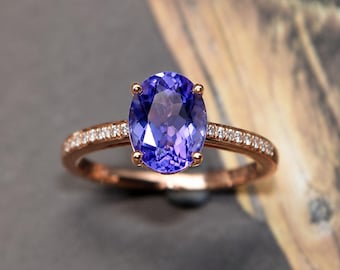 AAA Tanzanite, Diamond Engagement Ring 14K Gold Classic Blue Stone Wedding Proposal Ring for Her, Women Dainty Anniversary Gifted Gold Ring.