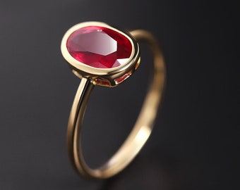 Lab Grown Ruby Classic Ring 14K Ruby Engagement Ring, Daily Worn July Birthstone Ring, Bezel Set Ruby Oval Valentine Proposal 14K Gold Ring.