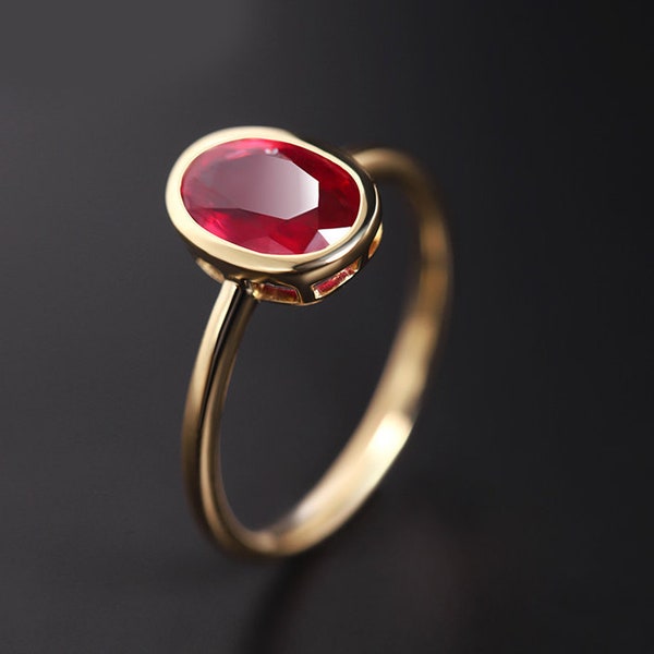 Natural Bangkok Ruby Classic Ring 14K Ruby Engagement Ring,Daily Worn July Birthstone Ring, Bezel Set Ruby Oval Valentine Proposal 14K Ring.