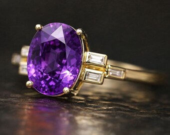 African Amethyst Engagement Ring, White Topaz Baguette Accent 14K Yellow Gold Ring, Handmade Style Amethyst Anniversary Gifted Ring for Her.