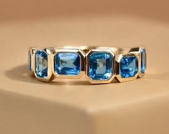 Scattered Blue Topaz Anniversary Band, Bezel Setting Blue Topaz Cluster Band, 925 Emerald Cut Topaz Women Gifted Band, Zig-Zag Style 9K Band