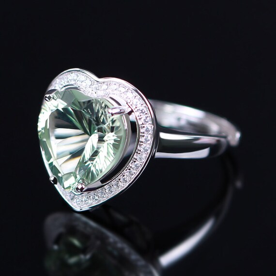 Green Amethyst Heart Stone 925 Silver Ring Proposal Promise Heart