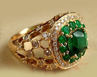 2.50Ct Natural Emerald 0.50Ct Diamond Cocktail Wedding Ring Women Anniversary Gifted Bold Emerald Ring Vintage Emerald Halo Engagement Ring.