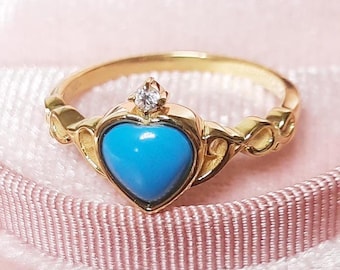 Blå skönhet turkos hjärtförlovningsring 925 silver turkos modern vintage filigran frieriring, kvinnors ceremoni gåva hjärta 14K ring