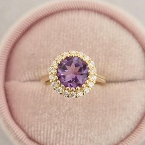 Art Deco Amethyst Bridal Wedding Ring, Topaz Halo Vintage Style Purple Stone Engagement Ring, Diana Style Amethyst Valentine Gift For Her.