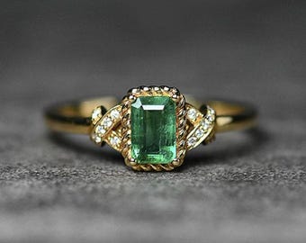 Art Deco Zambian Emerald, Diamond Bridal Engagement Ring 14K Emerald Octagon Proposal Ring, Vintage Emerald Wedding, Valentine Proposal Ring