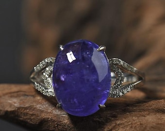 14x10mm Included Tanzanite Ring Tanzanite Cabochon Wedding Anniversary Ring 14K Tanzanite Diamond Cocktail Style Mother's Day, Ceremony Ring