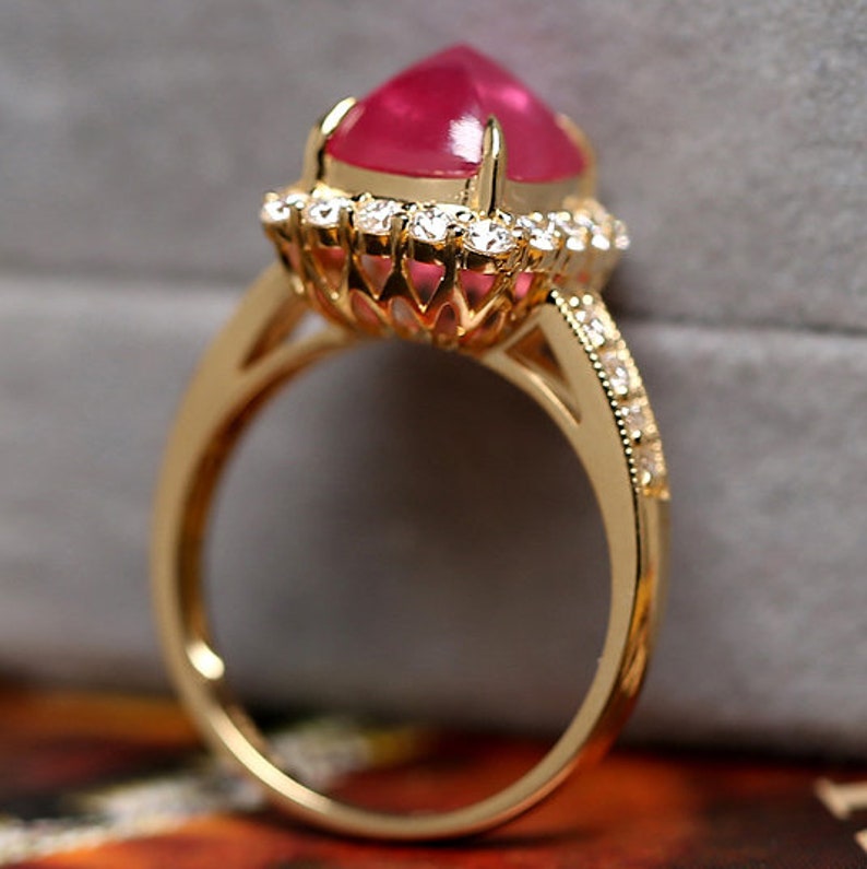 Lab Grown Ruby Unique Wedding Ring 14K Gold Ruby Moissanite Halo ...