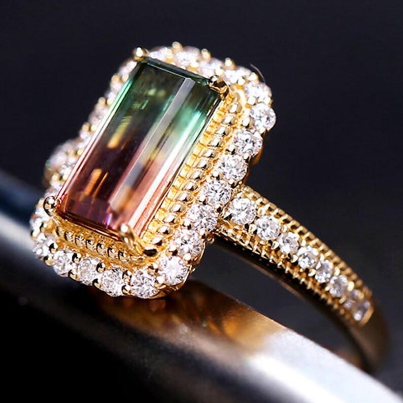 Watermelon Quartz Engagement Ring Rinbow Rectangle Quartz Wedding Ring Multi Color Stone Proposal Ring Art Deco Quartz Cz Halo Gifted Ring. image 2