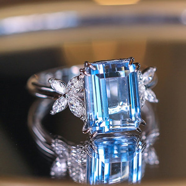 7.50 Carat Swiss Blue Topaz Cocktail Anniversary Gifted Ring 14K Gold Emerald Cut Topaz Engagement Ring White Topaz Butterfly Statement Ring