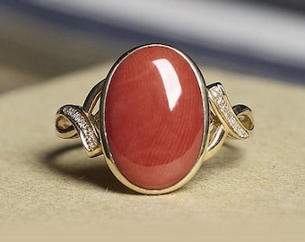 Coral Cabochon Yellow Gold Ring, Bezel Setting Coral Cocktail Ring, Handmade Coral Anniversary Gifted Ring, Big Bold Coral Stone Ceremony.