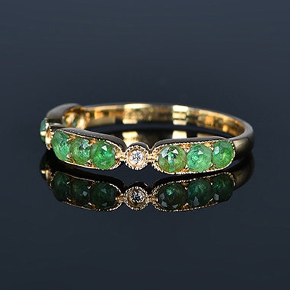 Natural Emerald Diamond Wedding Band 14K Gold Edwardian Style | Etsy