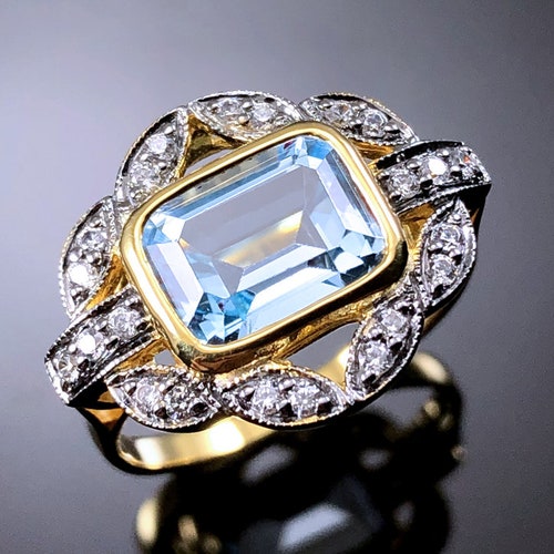 Art Deco Blue Topaz Cocktail Ring Women Dainty Topaz Halo Anniversary Gift Ring Emerald Cut shops Topaz Wedding Ring 925 Silver Topaz Vintage Ring
