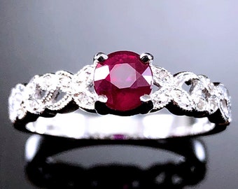 Natural Ruby, Moissanite Engagement Ring 9K Gold Edwardian Style Ruby Valentine Promise Ring Art Dec Ruby Women Proposal Round Ruby 9K Ring.
