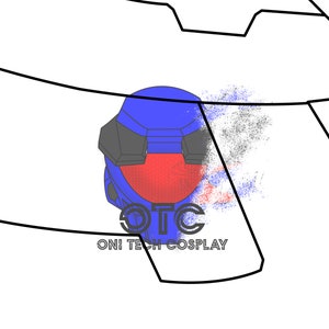 May include: A blue and gray helmet with a red visor, featuring the text "OTC ONI TECH COSPLAY". The helmet is set against a white background with black outline shapes.