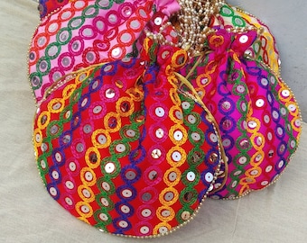 Traditional Rajasthani Indian Wholesale Ethnic Women Potli Clutch Bag 5 Pc Lot , Wedding Favors, Drawstring Bags, Many colors options