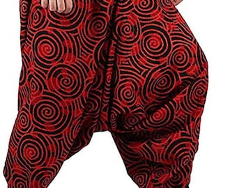 May include: Red and black patterned pants with a loose, flowing fit. The pants have a drawstring waist and a wide leg.