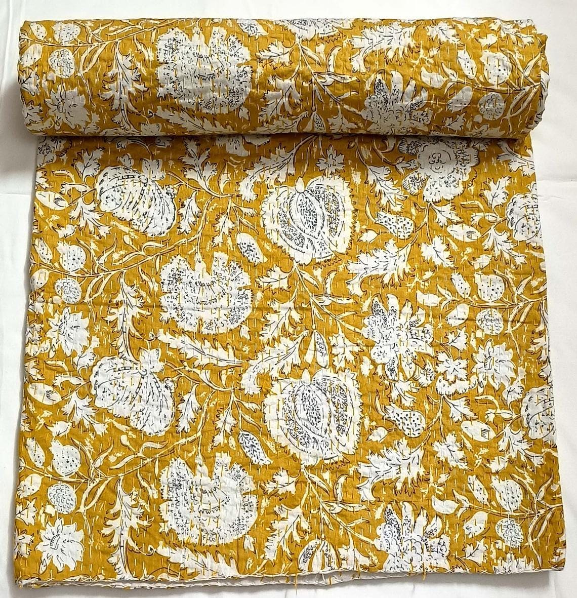 Yellow Floral Kantha Quilt: Indian Block Print Cotton Bedspread All Sizes Ralli