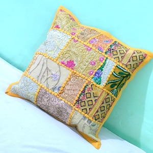 Handmade Patchwork Cushion Cover: Yellow Indian Embroidered Sari Throw Pillow Cover
