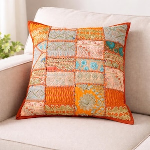 Handmade Patchwork Cushion Cover: Embroidered Sari Throw Pillow, 16 inch