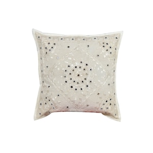 Copricuscino con ricamo a specchio bianco Boho, grande per divano da camera da letto, fatto a mano, 16'', copriletto decorativo quadrato