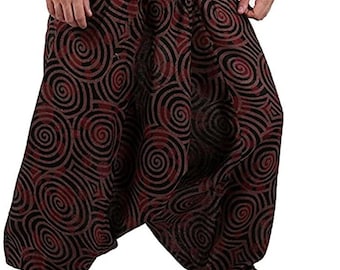 Pantalones harem de algodón marrón: estampado indio a mano, estilo boho, hippie, para yoga y yoga.