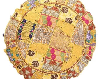 Yellow Round Floor Cushion Bohemian Yoga Meditation Pillow Cushion Covers Indian Embroidered Colorful Cushions Indian Pillow Size 18 inch