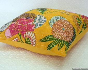 Kantha CUSHION COVER Pillow Case 16" inch Indian Handmade Yellow Floral Fruit Print Cotton