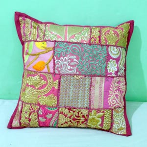 Handmade Patchwork Pillow Cover: Embroidered Indian Sari Throw (16 x 16 inch)