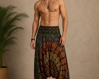 Mandala Cotton Harem Pants: Indian Hand Block Print, Boho Yoga Hippie Yoga Baggy Trousers