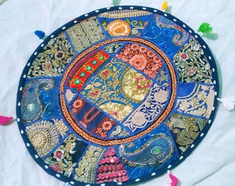 Dark Blue Round Floor Cushion Bohemian Yoga Meditation Pillow Cushion Covers Indian Embroidered Colorful Cushions Indian Pillow Size 18 inch