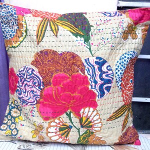 Handmade Kantha Stitch Pillow Cover: Beige Floral Print, 16 inch image 2