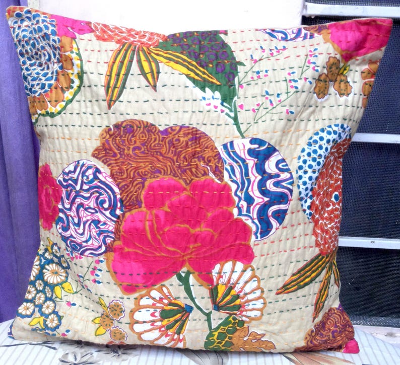Handmade Kantha Stitch Pillow Cover: Beige Floral Print, 16 inch image 2