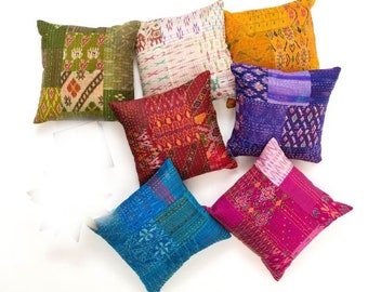 5 Pc almohadas decorativas indias kantha funda de cojín 16x16 funda de almohada cojines cubierta hecha a mano de seda Patchwork cojines fundas