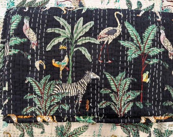 Handmade Jungle Animal Kantha Quilt: Indian Cotton Bedspread Blanket Throw , All Sizes , Black