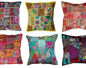 5 Pc Wholesale Handmade Cushion Covers Patchwork Pillow Covers Hand Embroidered Cushion Cases Indian Sari Patchwork Decorative Throw Pillow