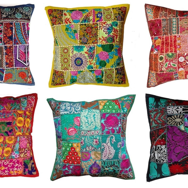 5 housses de coussin faites main en gros, taies d'oreiller en patchwork, taies de coussin brodées à la main, sari indien en patchwork, coussin décoratif